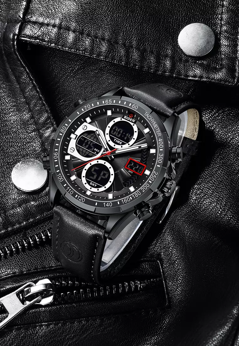 Jam Tangan Pria Original Multifungsi Analog&Digital Tali Kulit Olahraga Anti Air Jam Tangan Cowok allblack