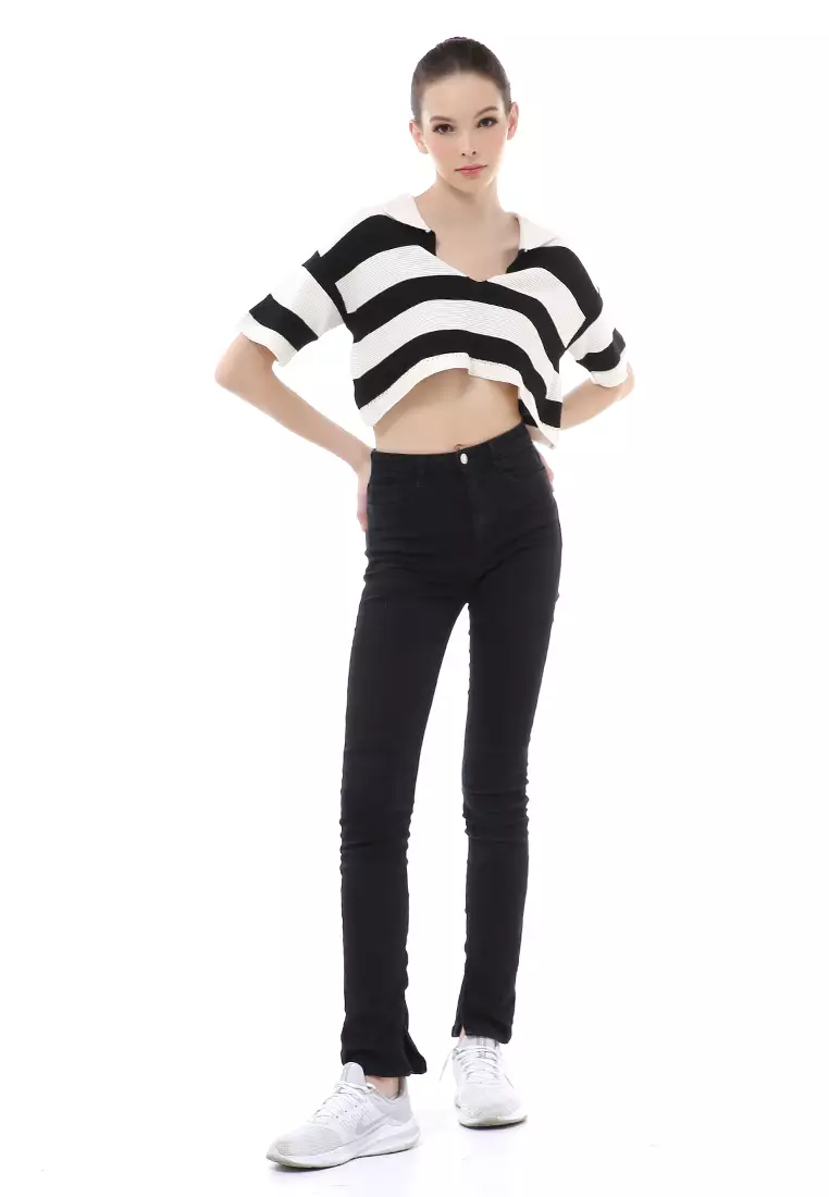 Albertine Atasan Crop Wanita Lengan Pendek Motif Salur Material Rajut ORIGINAL - Black