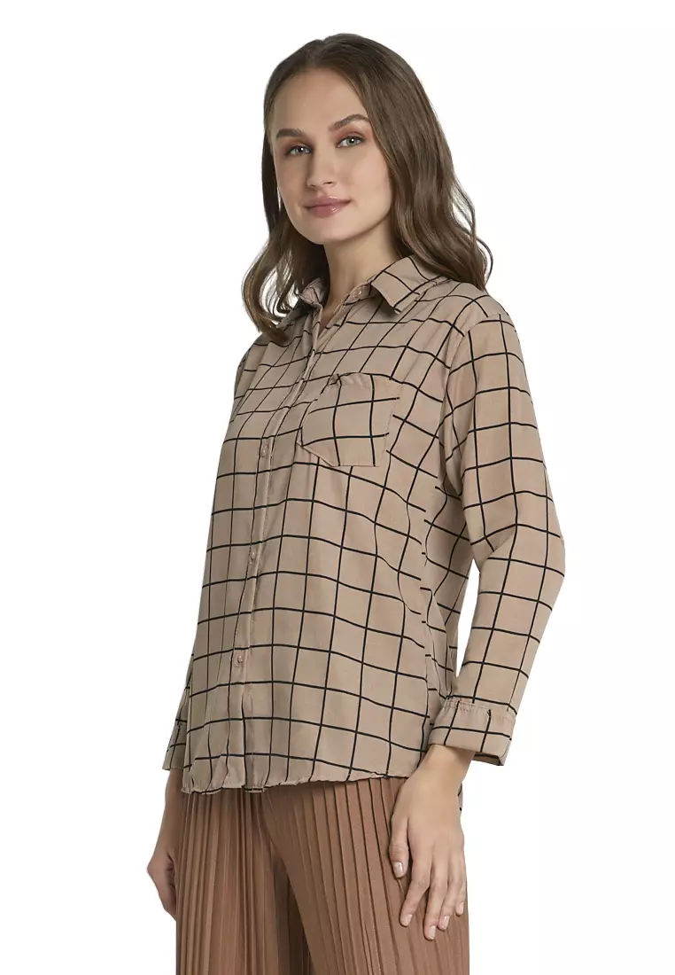 Osvald Blouse Long Sleeve Motif Kotak-Kotak Atasan Baju Wanita Casual - Mocca