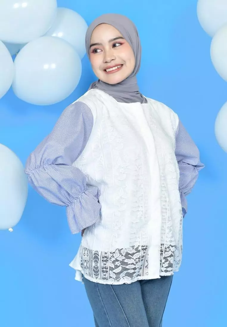 Seika Lace Top - Bw - Stripe Blue M18225 R15S3