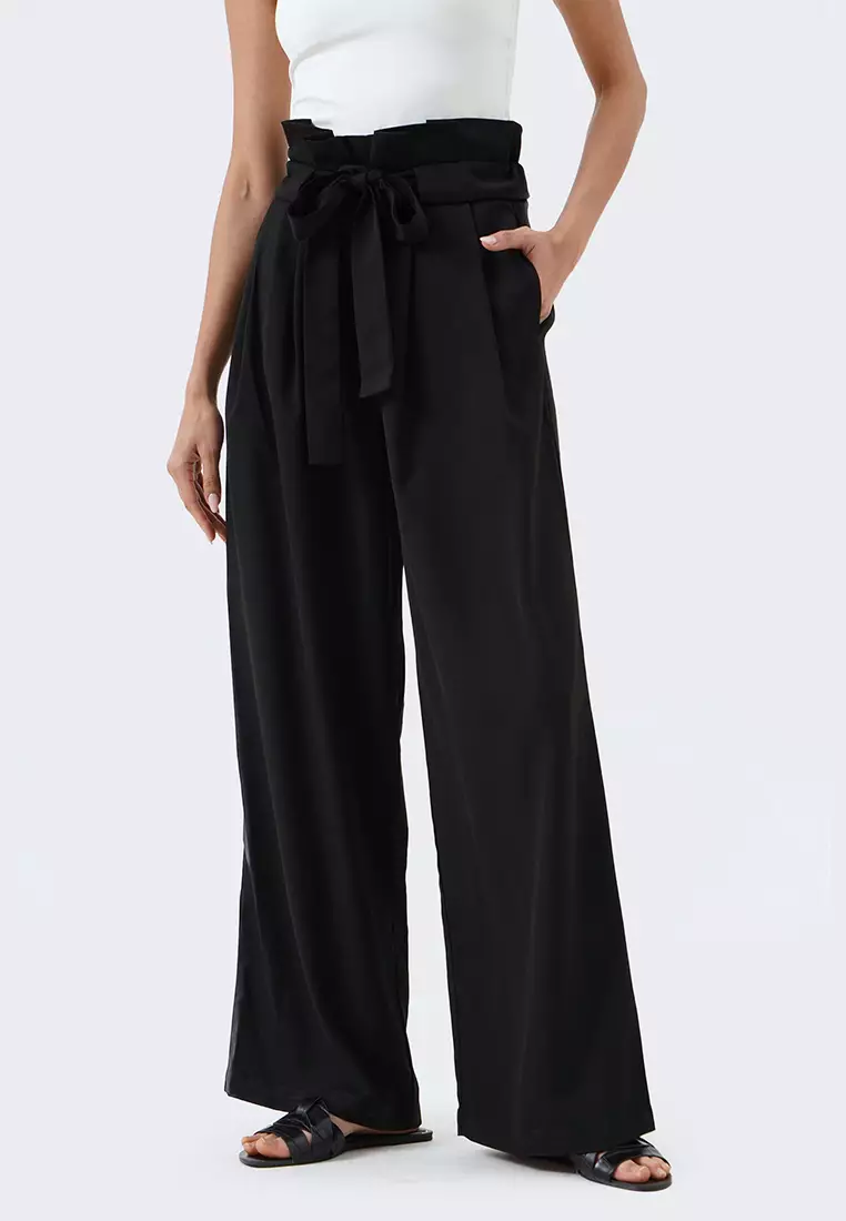 Black paperbag wide leg trousers sales