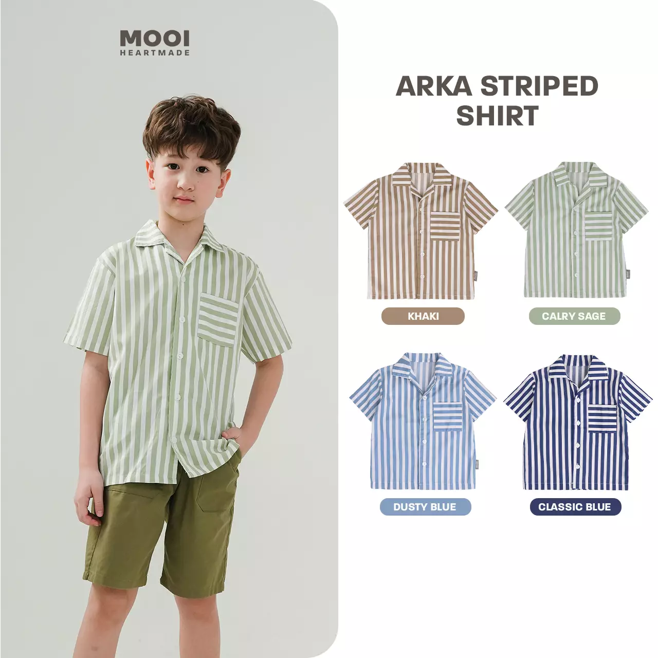 Mooi Kemeja Anak Laki-laki Kemeja Katun Motif Arka Striped Shirt - Khaki