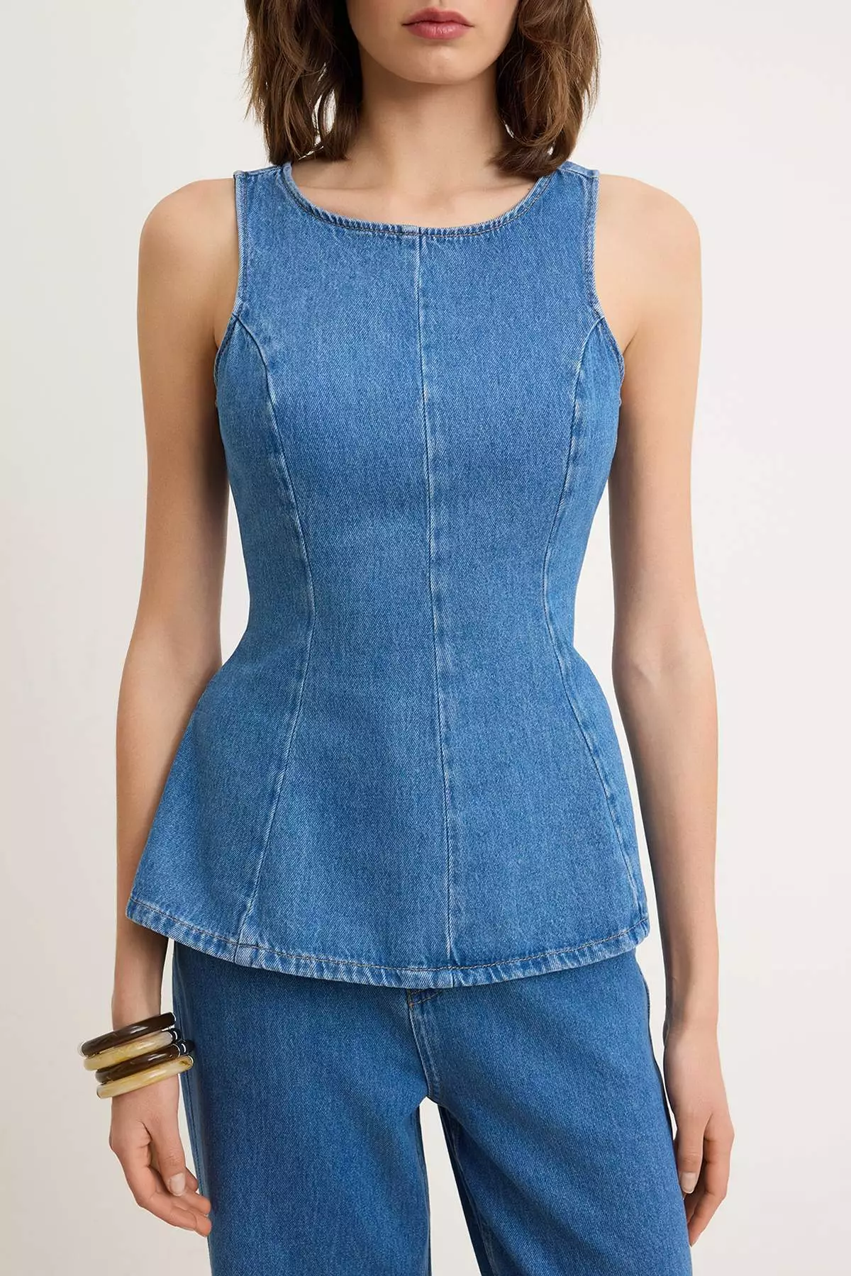 Blue Strap Peplum 1% Cotton Denim Blouse Twoss26Bz196