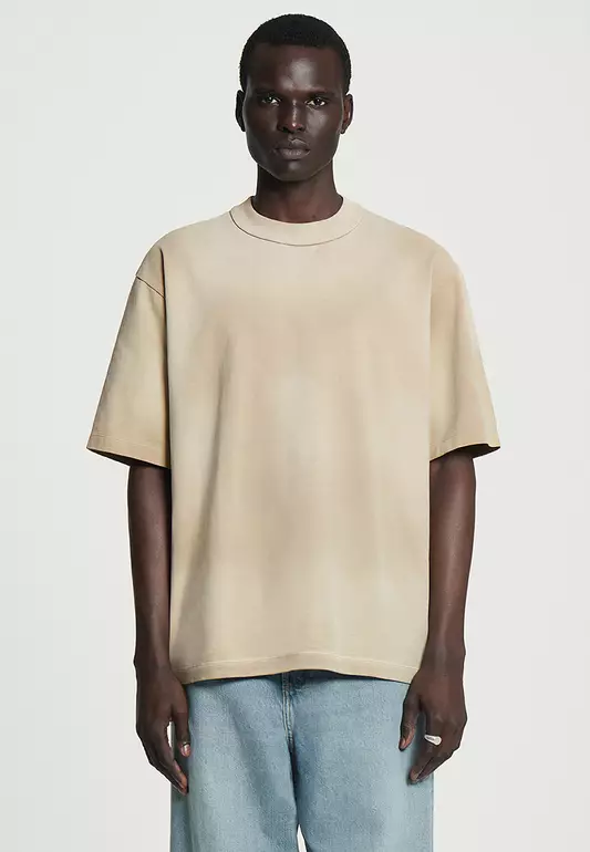 Oversized Faded Mock-Neck Cotton T-Shirt