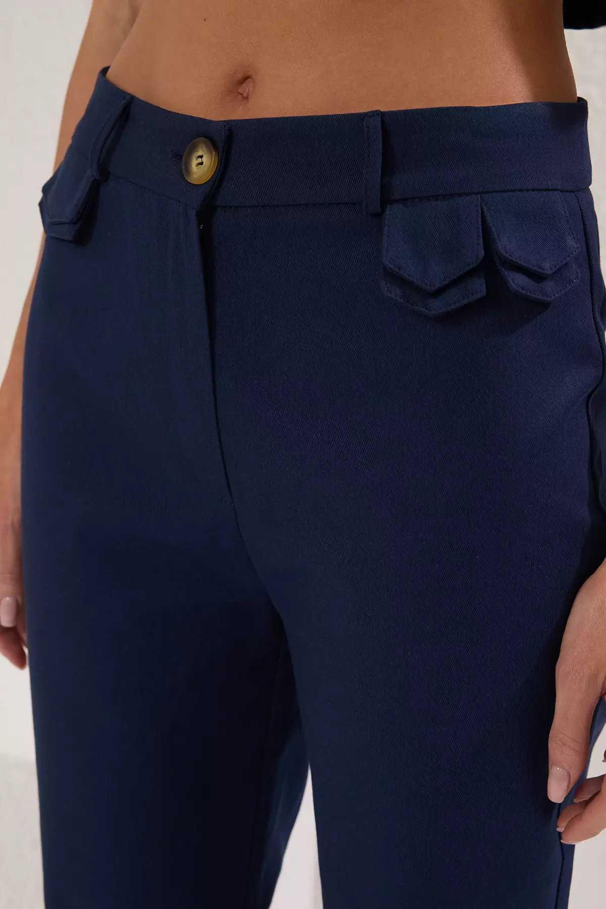 Navy Blue Faux Pocket Flap Cotton Bootcut Trousers TWOSS25PL00077