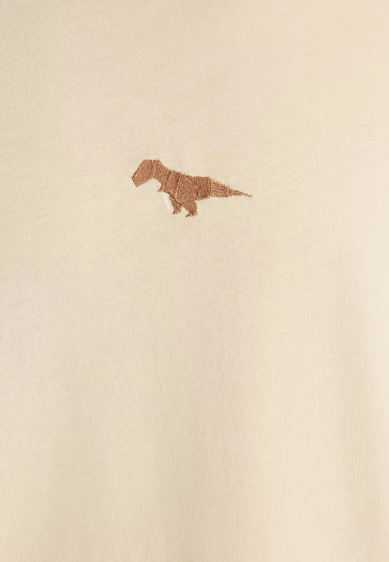 Crew Neck Short Sleeve Dinosaur Embroidered T-Shirt