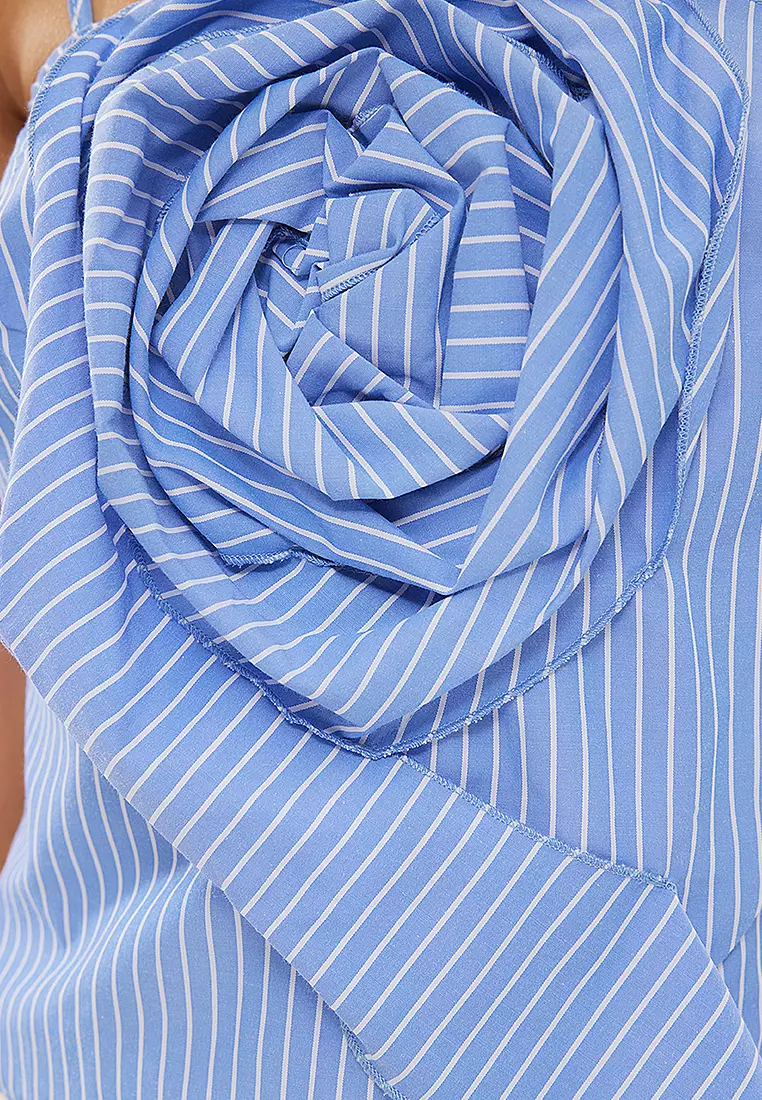 Blue Strap Front Rose Detail Striped Woven Blouse