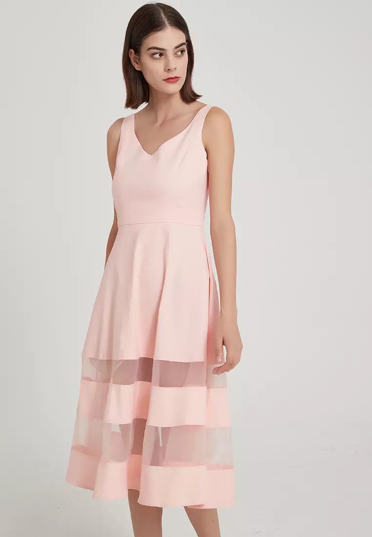 Original Design Elegant Temperament Sleeveless V-Neck Transparent Color block A-Line One Piece Dress B22041206PI