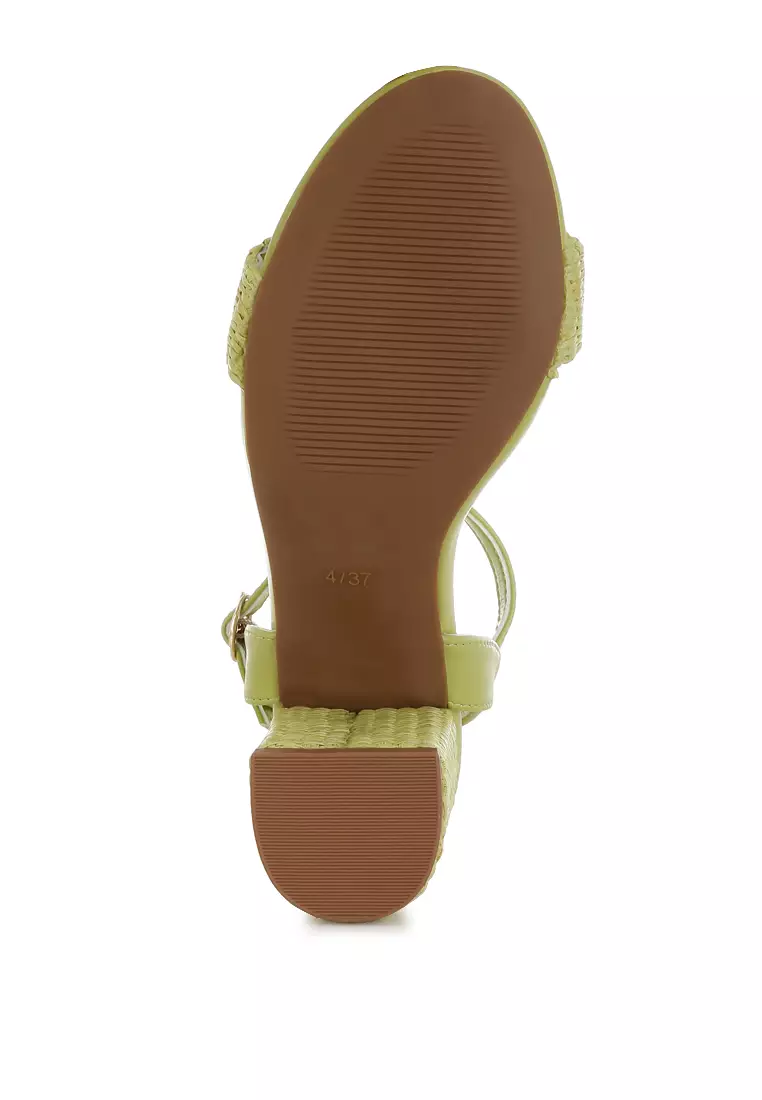 Raffia Pin Buckle Block Heels In Green