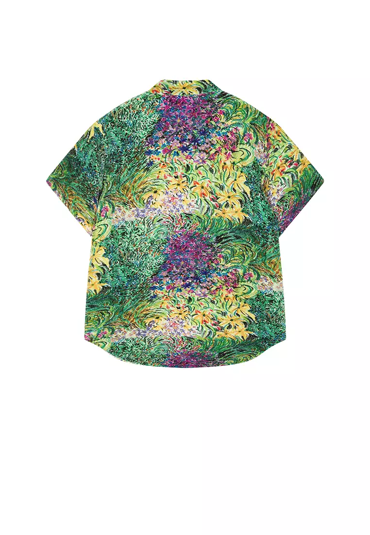 混纺图案元素花型宽松短袖衬衣