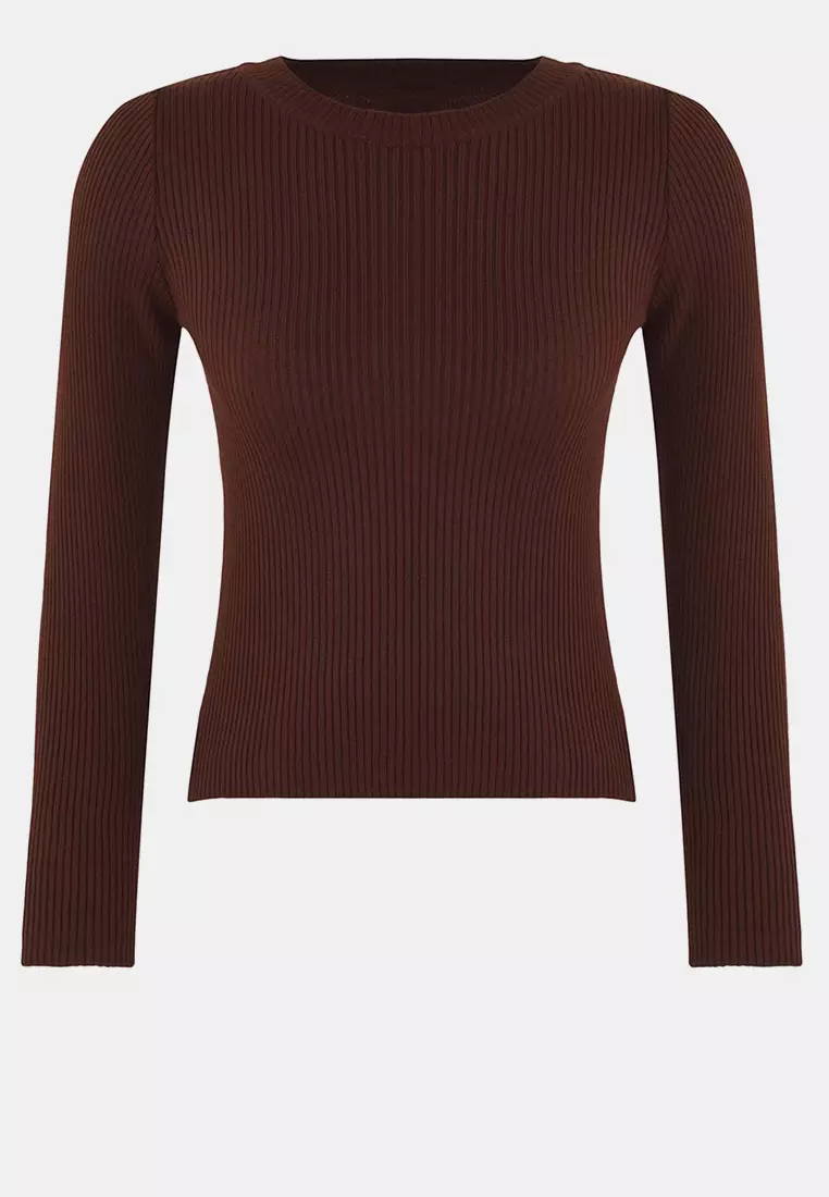 Brown Basic Ribbed Knit Sweater