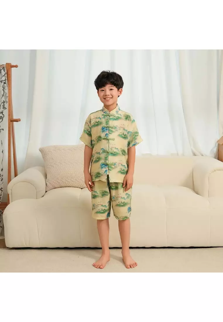 中國山水畫男童唐裝漢服套裝上衣短褲拜年服0836