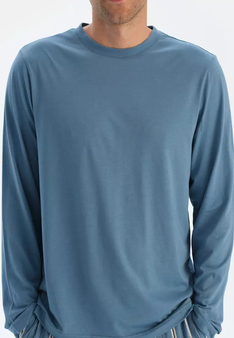 Blue T-Shirt & Trousers, Crew Neck, Regular Fit, Long Sleeve Sleepwear for Men
