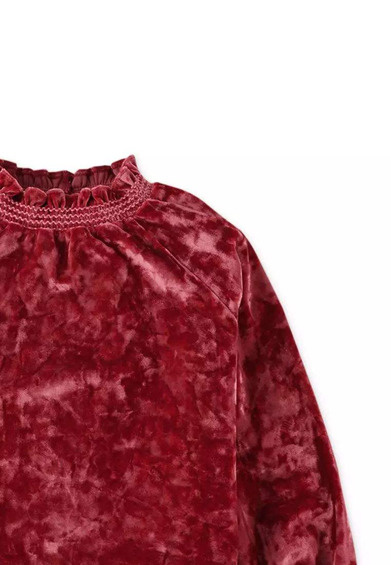 Girls Velvet Top With Smocked Embroidery On Neck And Cuffs