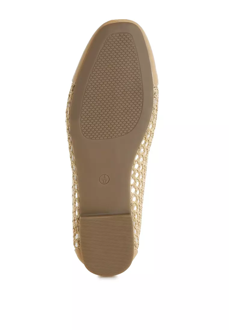 棕褐色編織蝴蝶結細節芭蕾舞平底鞋