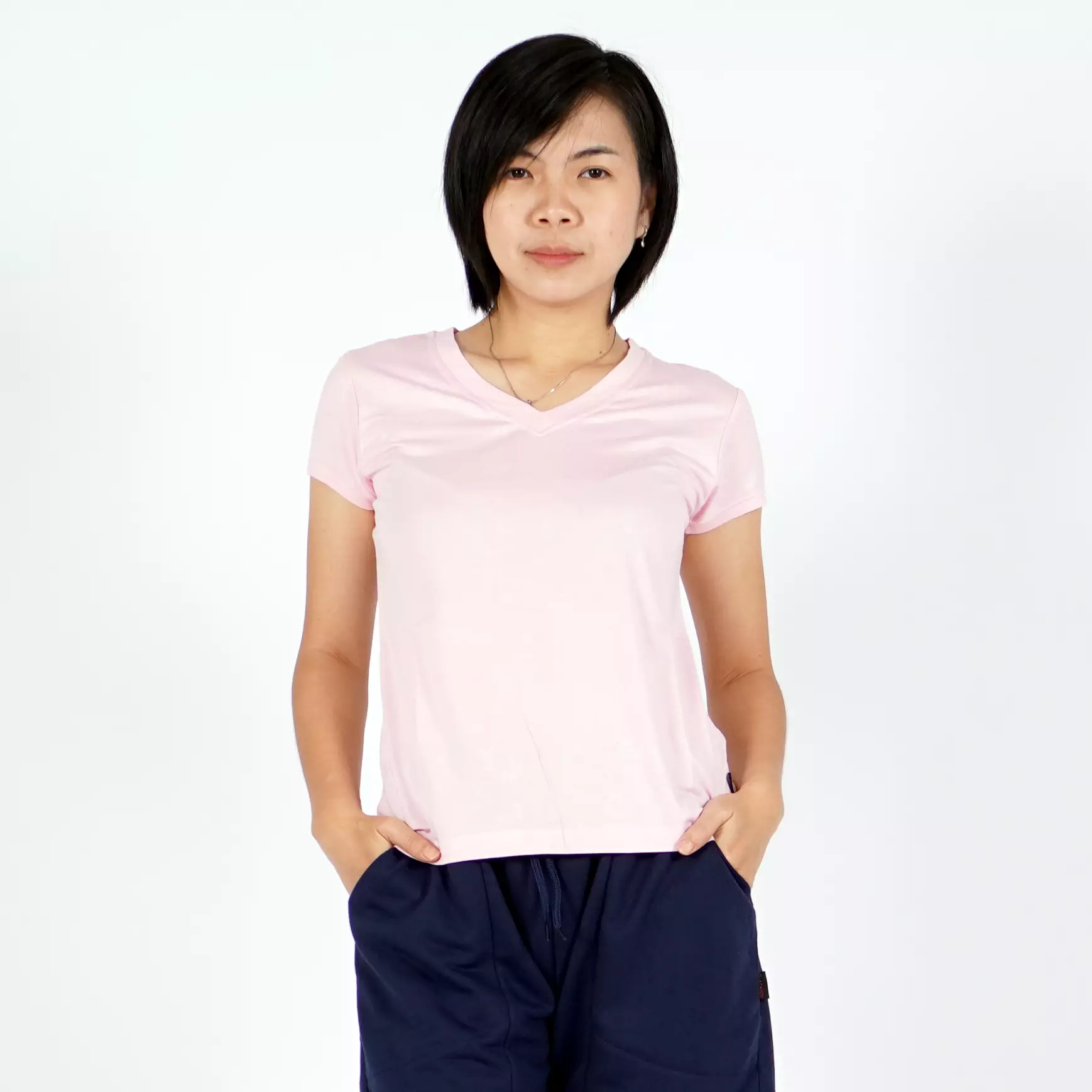 OKECHUKU Vioree T-Shirt V-Neck Polos Tangan Pendek Kaos Leher V - Pink Baby
