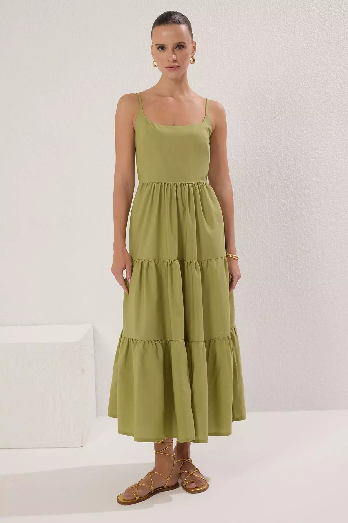Oil Green Cotton Blend Maxi Woven Dress with Open Waist Skirt TWOSS24EL00386