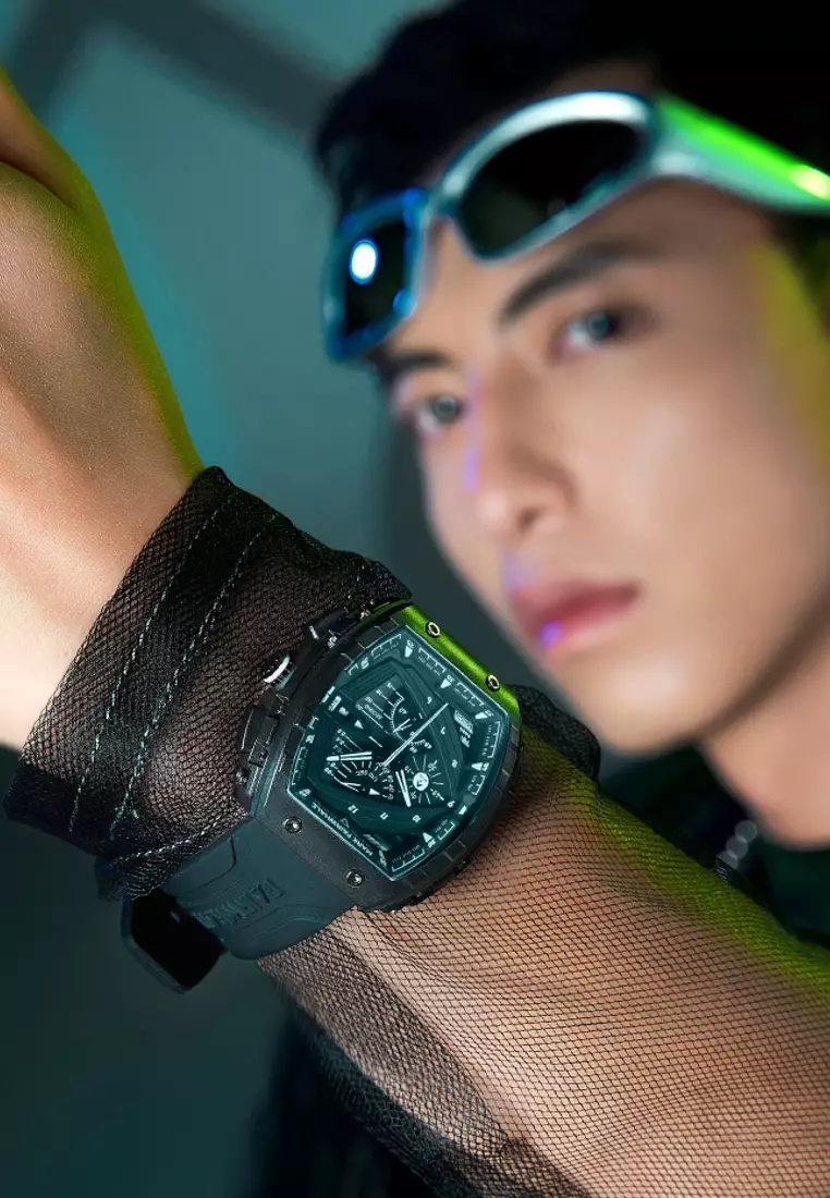 Unisex Barrel Shape Resin Quartz Chronograph Watch, 45mm, Rubber Strap