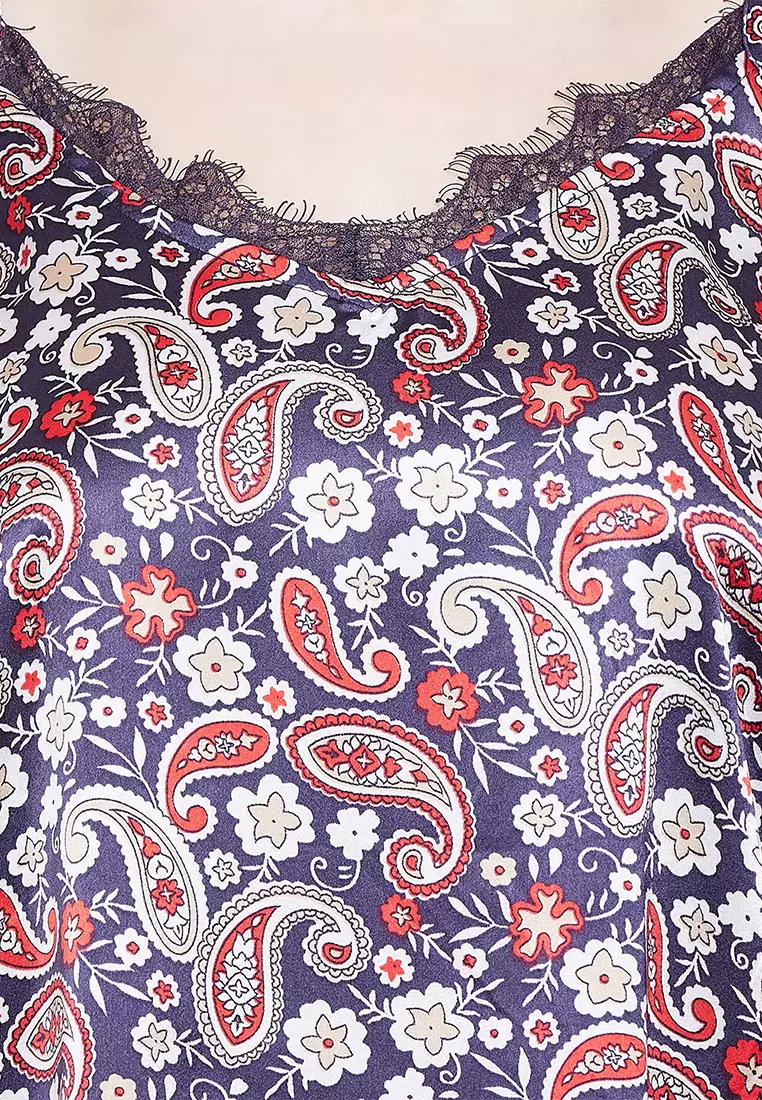 Clovia Paisley Print Short Night Dress & Robe Set in Navy - Satin