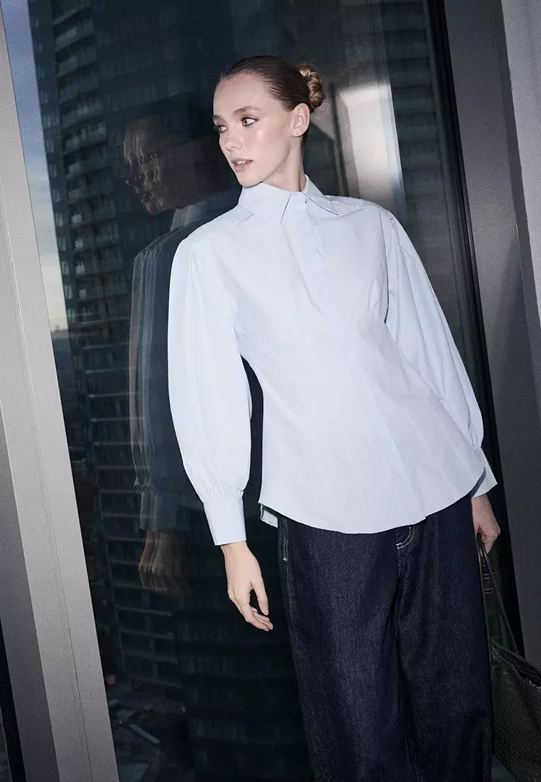 Light Blue Fitted Balloon Sleeve Fitted/Waist-Fitting Cotton Pack Shirts Tctss26Tg00015