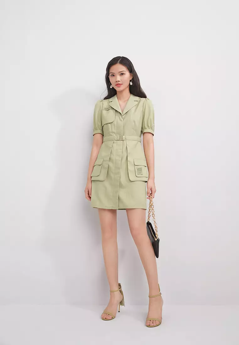 Puff Sleeve Single Breasted Mini Dress