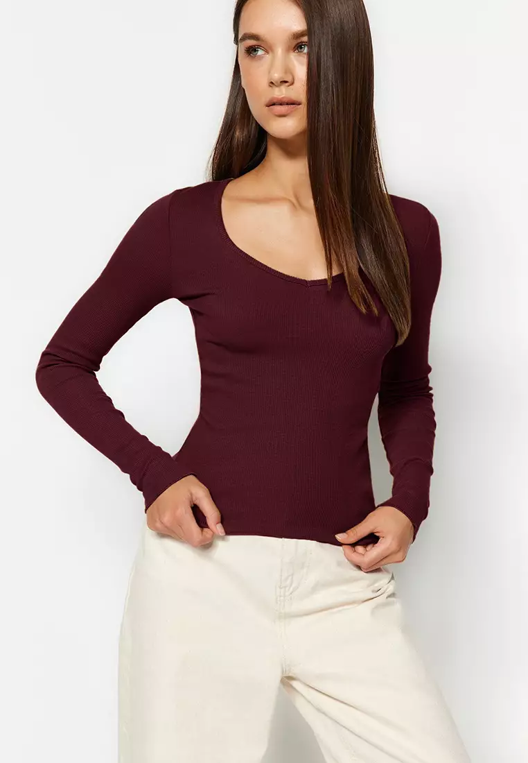 Claret Red-Stone 2-Pack V-Neck Fitted/Body-Sit Cotton Flexible Knitted Blouse Twoaw24Bz00068