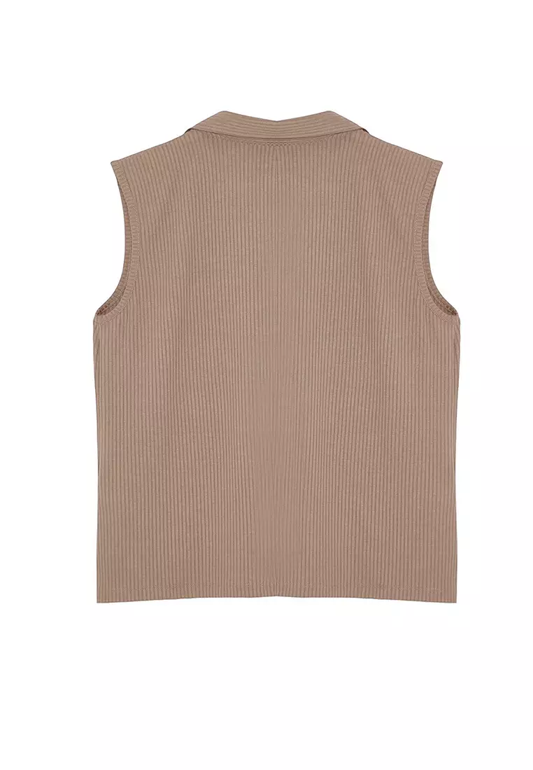 Beige Fitted/Fits the Body Polo Collar Flexible Knitted Plus Size Blouse TBBSS24AF00065