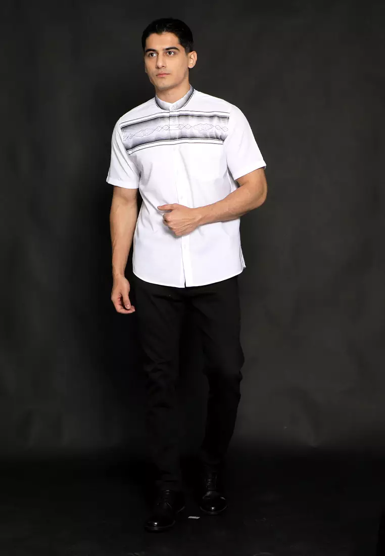 Casella Baju Koko Pria Lengan Panjang Exclusive Premium Horizontal Embroidery 4039 White