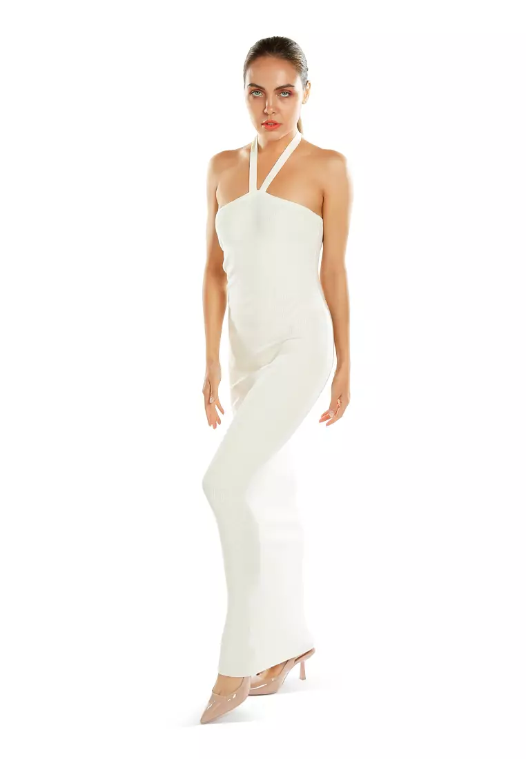 Halter Neck Bodycon Maxi Dress in Cream