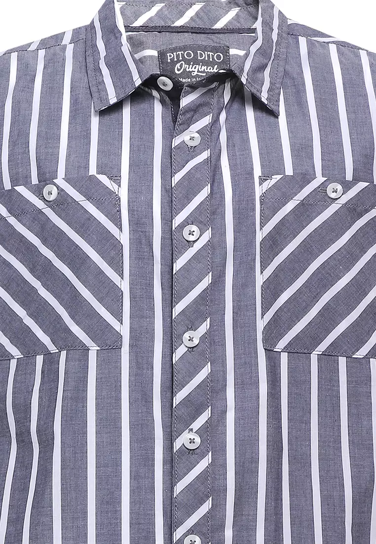 Pito Dito Boy Yondani Kemeja Pendek Anak Abu Tua Motif Garis - Size 4