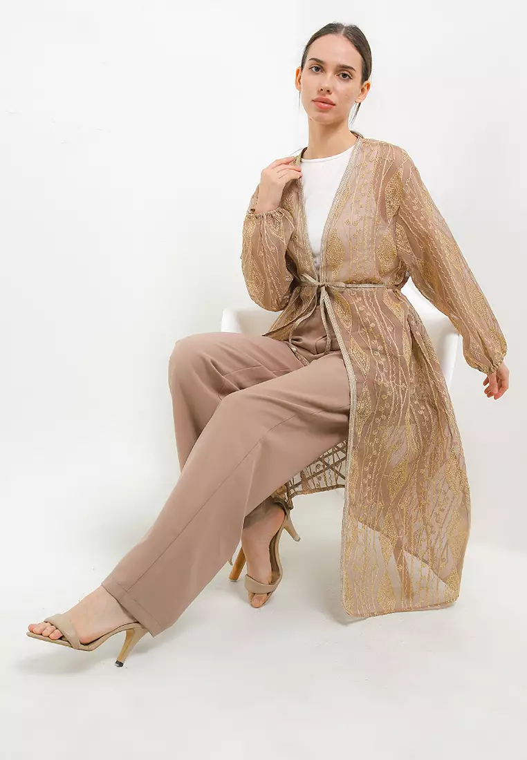 Ethnic Emb Linen Outer W/ Gold Tassel Belt