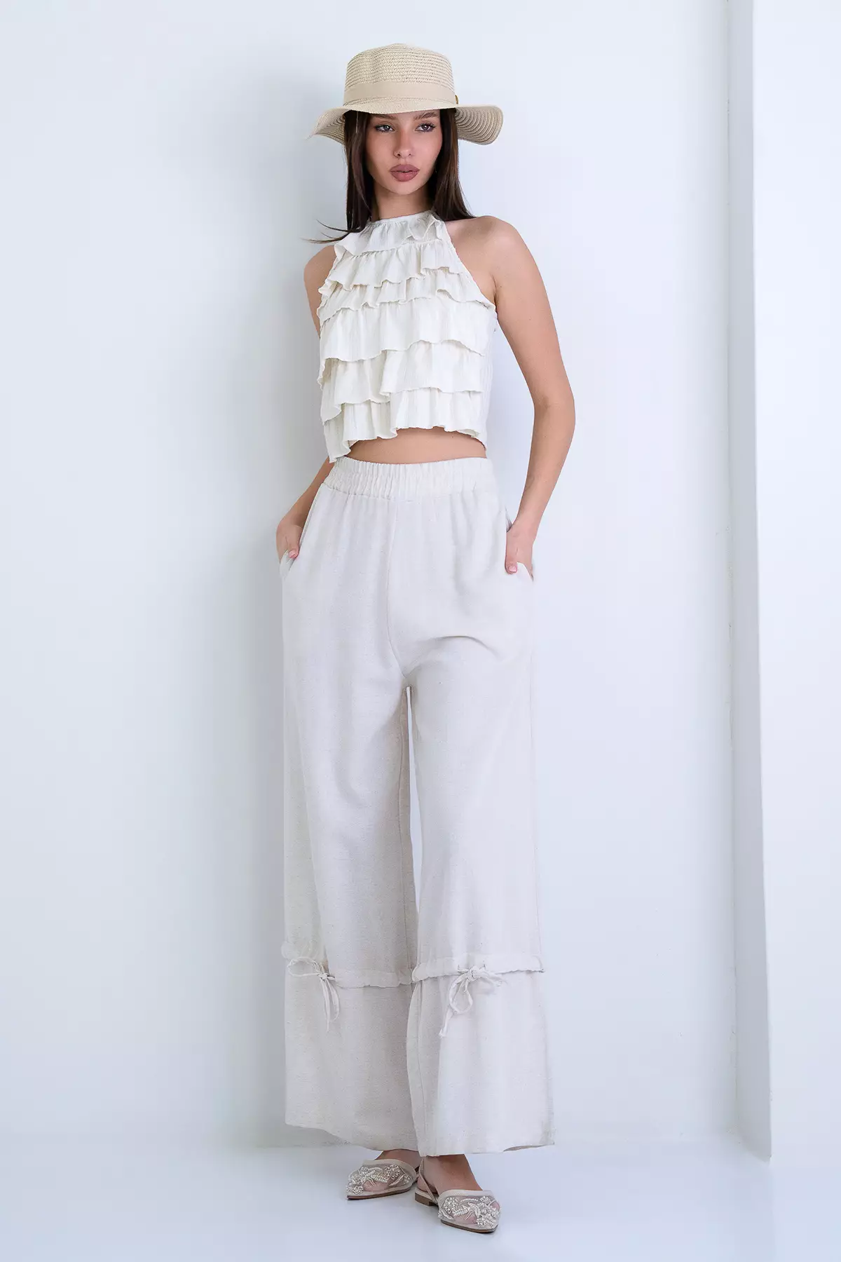 Ecru Double Pocket Linen Casual Trousers With Tie Detail Alc-X15172