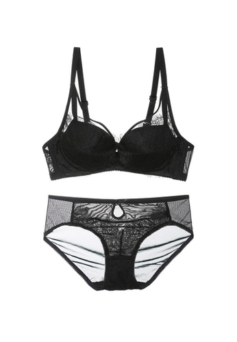 ZITIQUE black Women's 3/4 Cup Deep-V Lace Lingerie Set (Bra and Underwear) - Black 68CB4USAAB0D1FGS_1