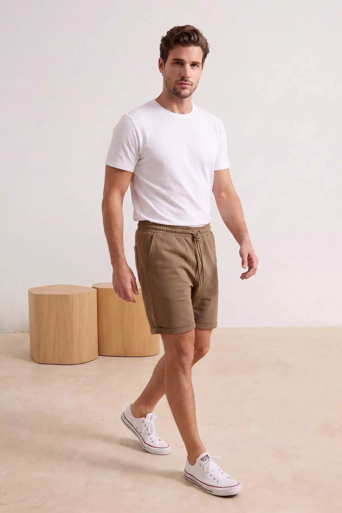 Mink Elastic Waist Linen Look 100% Cotton Woven Men'S Shorts & Bermuda Tmnss26Sr00008