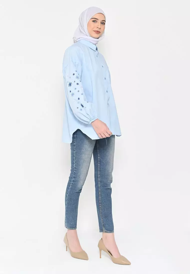 Kinaya Embrodery Top Powder Blue - Blouse Atasan Wanita