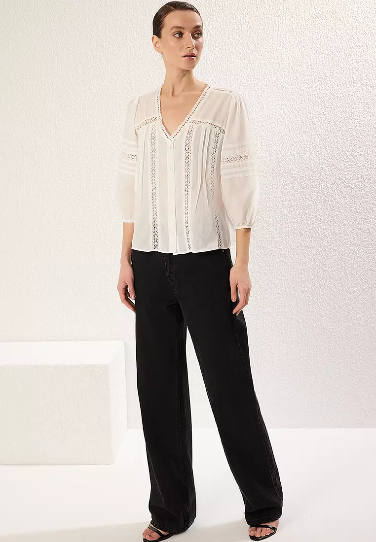 Cotton V-Neck 3/4 Sleeves Openwork Blouse