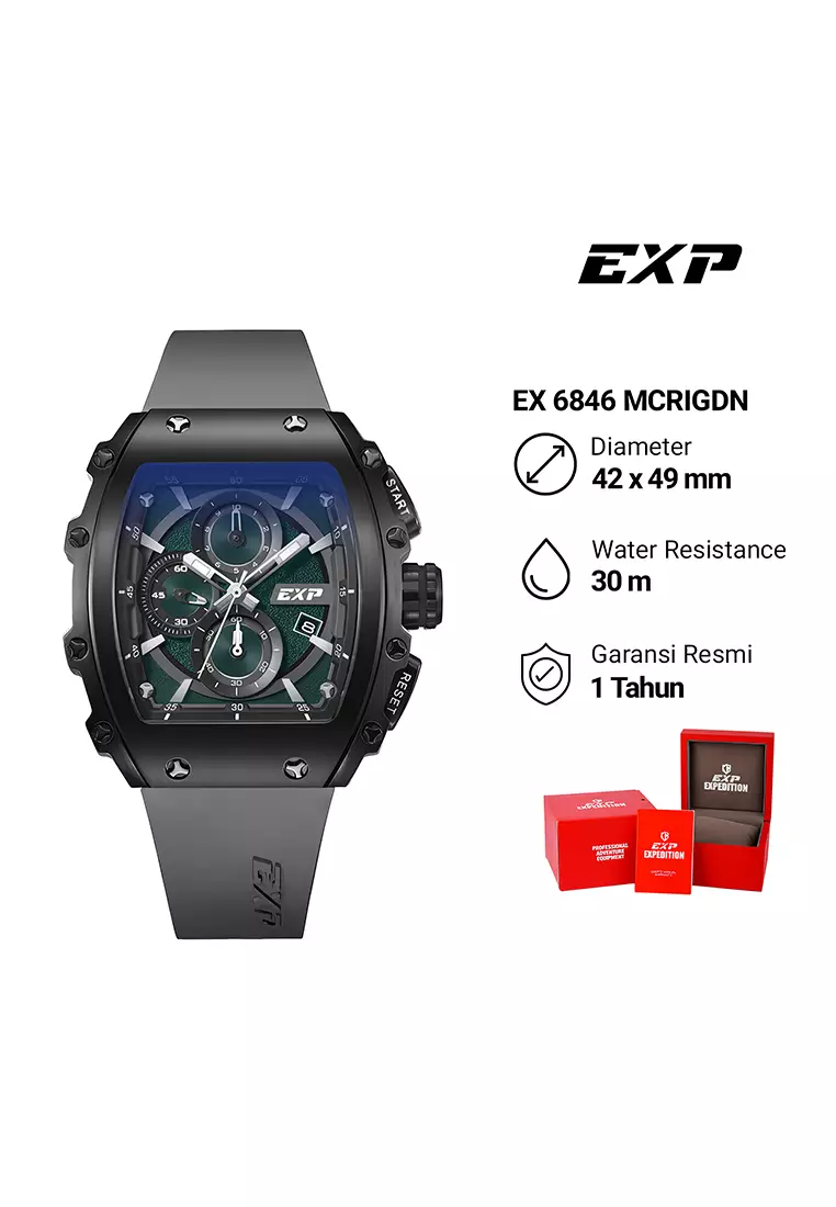 Jam Tangan Pria Expedition EXP Chronograph EX 6846 MCRIGDN Green Dial - Grey Rubber Strap
