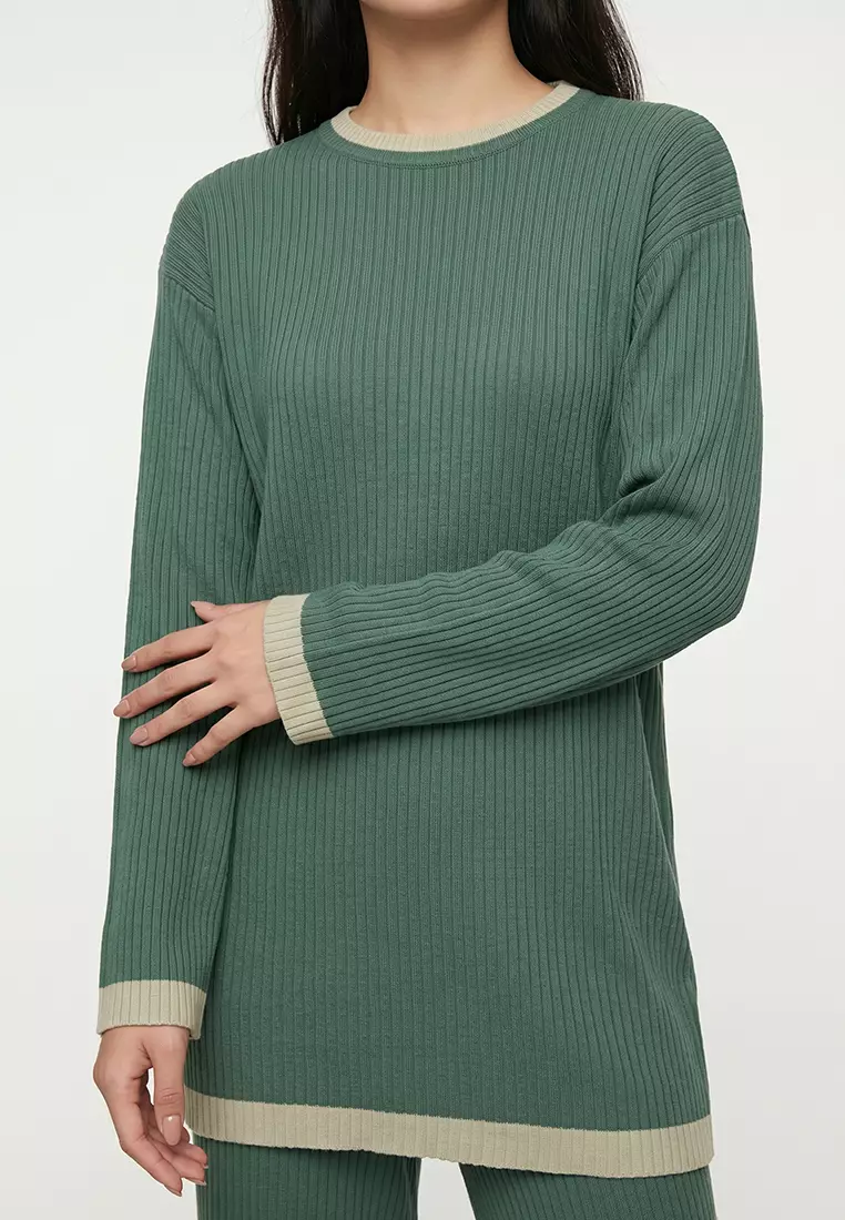 Petrol Green Colored Piping Detailed Knitwear Bottom-Top Set TCTAW25US00059