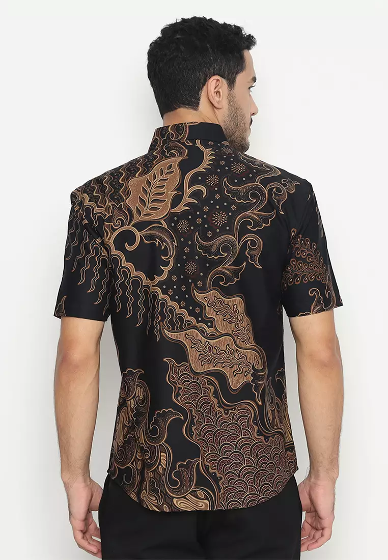 Kemeja Batik Pria Ganesha Lengan Pendek - Black/Brown