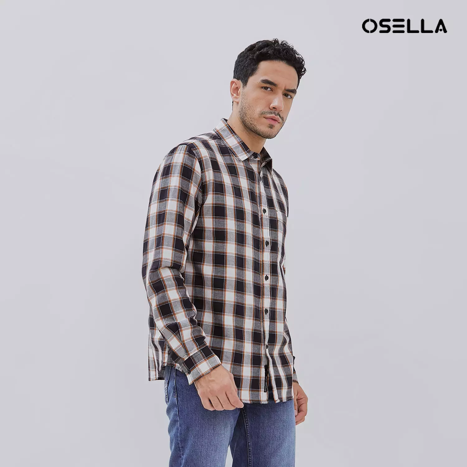 [NEW] Osella Long Sleeve Checkered Shirt In Black, White And Dark Mustard Detailing 2037500143 | Kemeja Lengan Panjang Pria