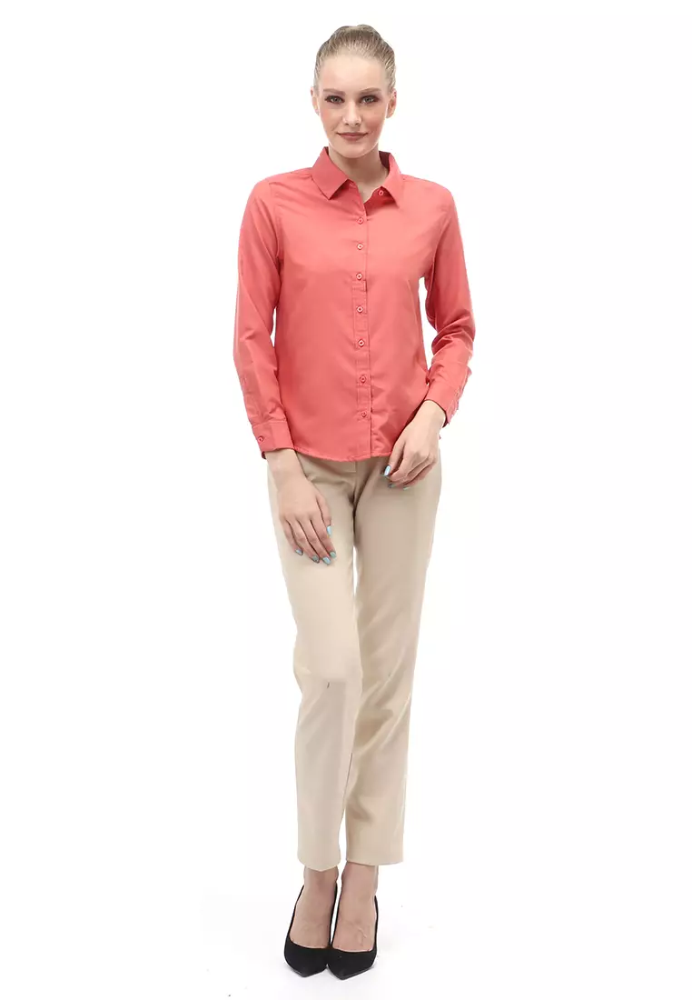 Kemeja Long Sleeves Atasan Wanita Motif Solid Shirt - Teracota