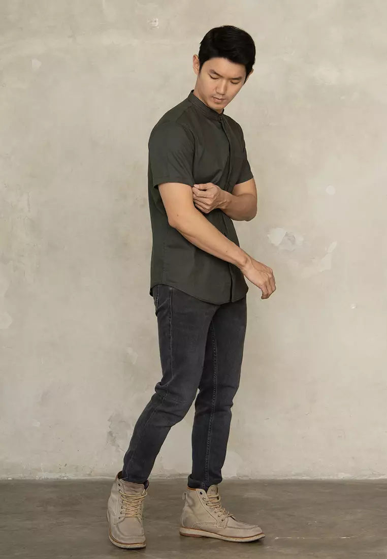 Kemeja Collarless Koko Tangan Pendek short shirt OXCON Dark Green