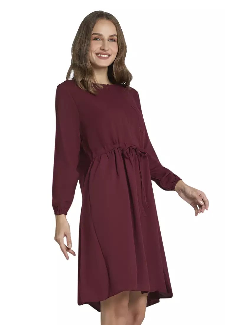Leyna Mini Dress Wanita Long Sleeves Motif Solid Design Casual Regular Fit - Maroon