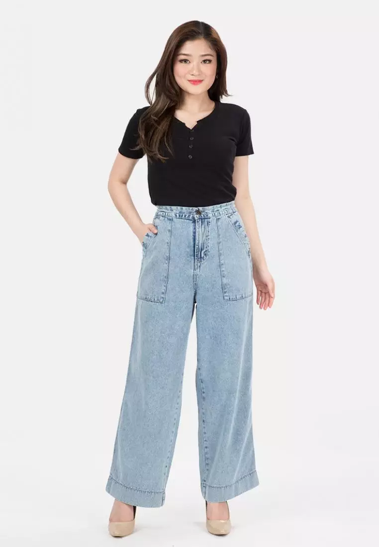 Elastic Waist Culotte Jeans in Aqua