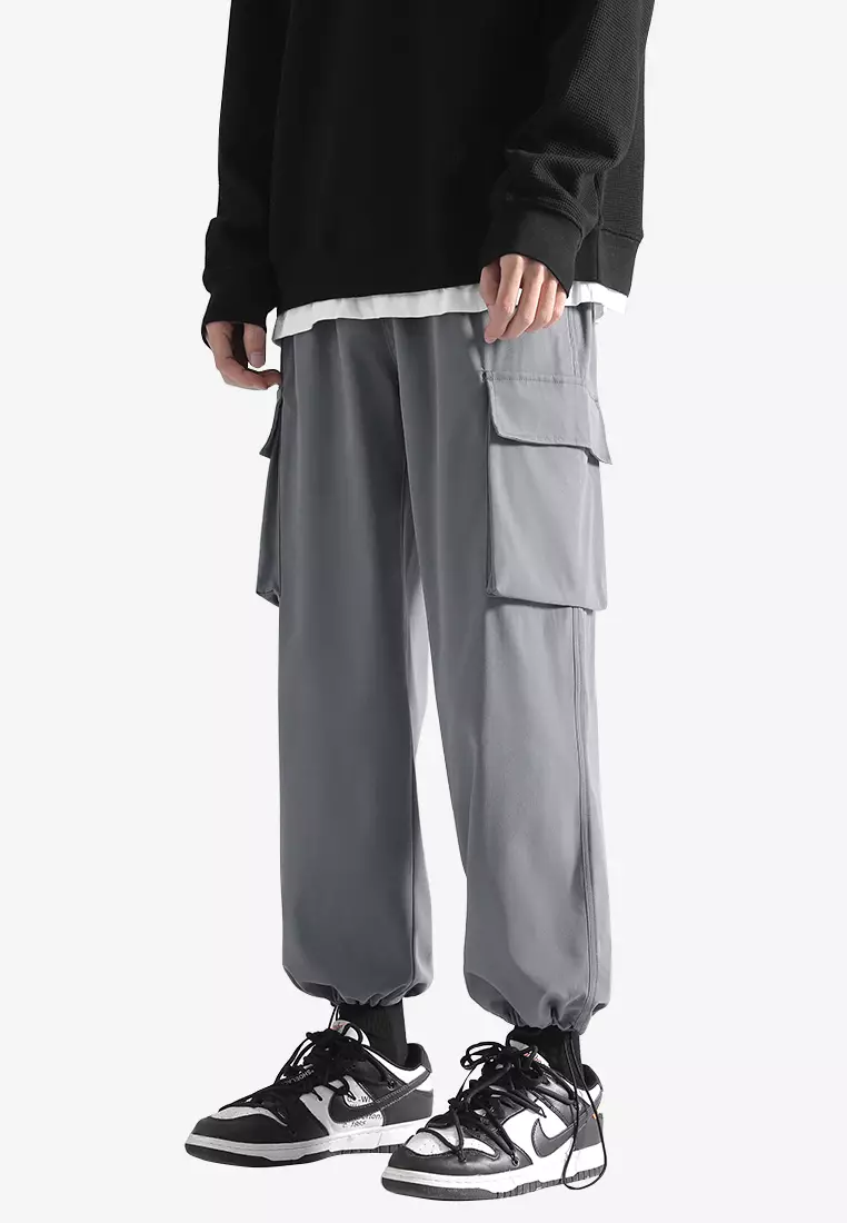 Buy hk-ehunter Men's Ankles-tied Loose Straight Cargo Pant - Grey 2023 ...