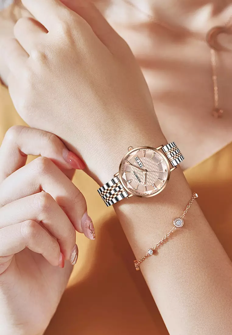 Jam Tangan Wanita Original Anti Air Tali Stainless Steel Jam Kuarsa Santai Mewah Jam Tangan Cewek rosepink