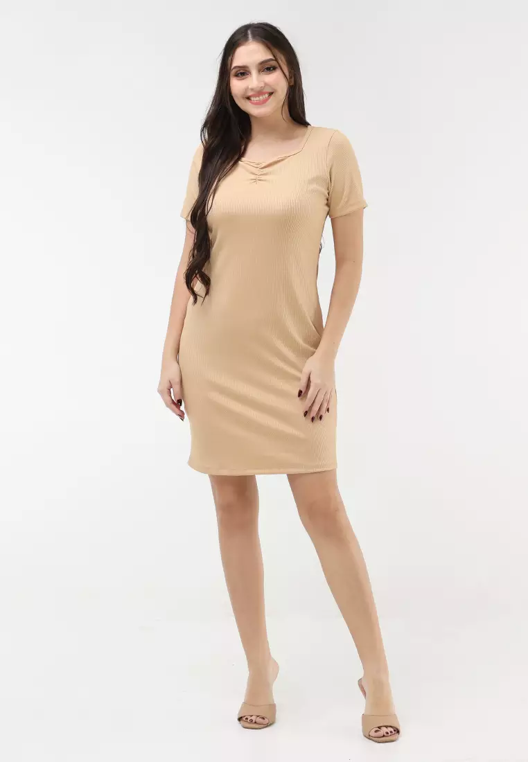 Plain Rib Knits Short Sleeves Dress