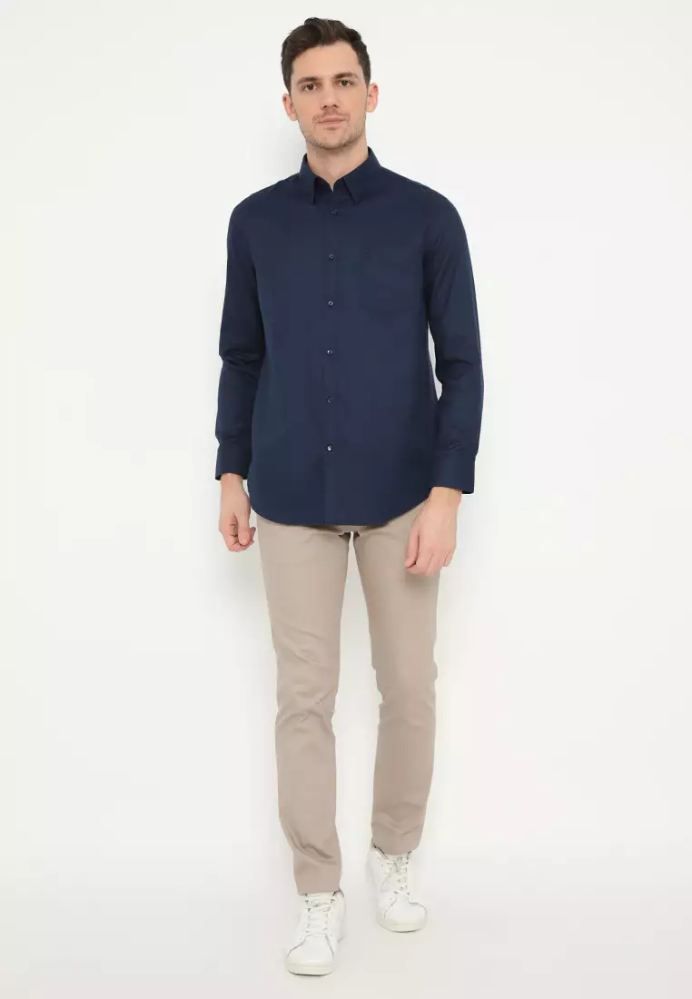 Jobb Brioni Kemeja Pria Lengan Panjang Regular Fit Navy