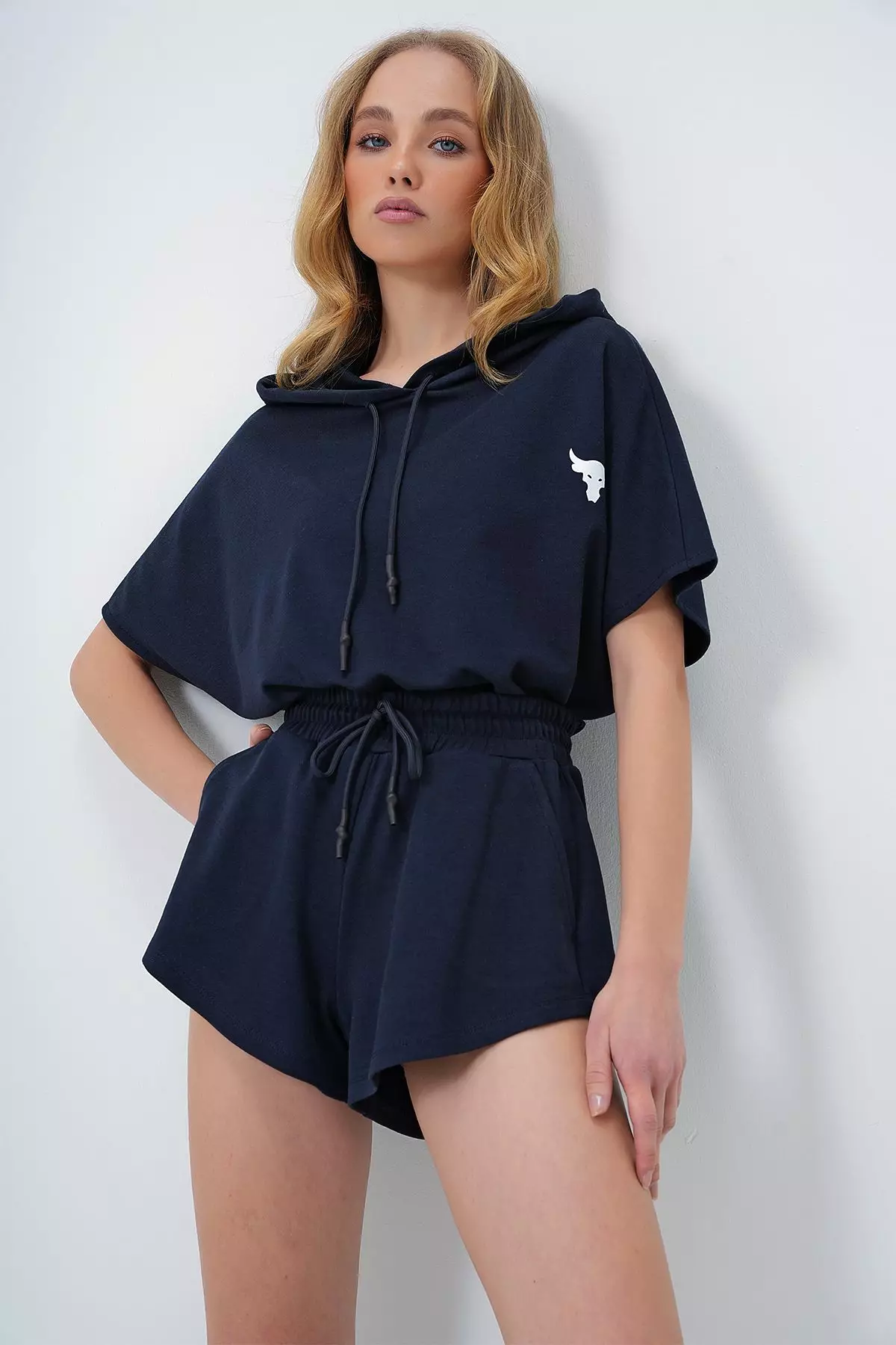 Women's Navy Blue Hooded Crop Sweatshirt and Shorts Set