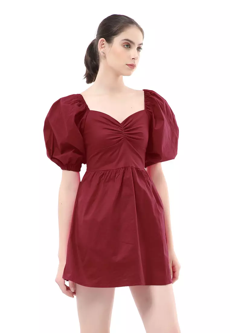 Rachel Dress Wanita Ballerina Pluffy Baloon Sleeve Simple Elegant Material Cotton ORIGINAL - Maroon